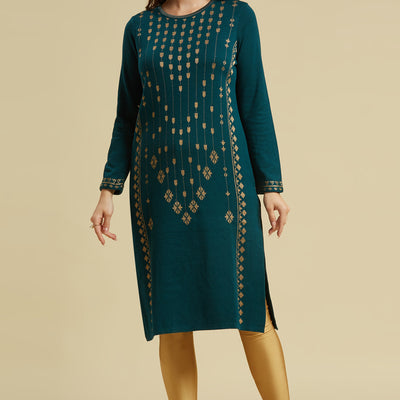 Dark Teal Floral Woolen Top Bottom Set