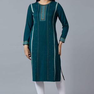 Dark Teal Woolen Straight Kurti