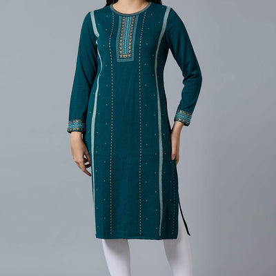 Dark Teal Woolen Straight Kurti