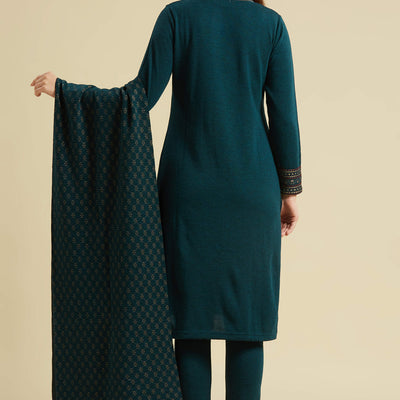 Dark Teal Floral Woolen Salwar Suit