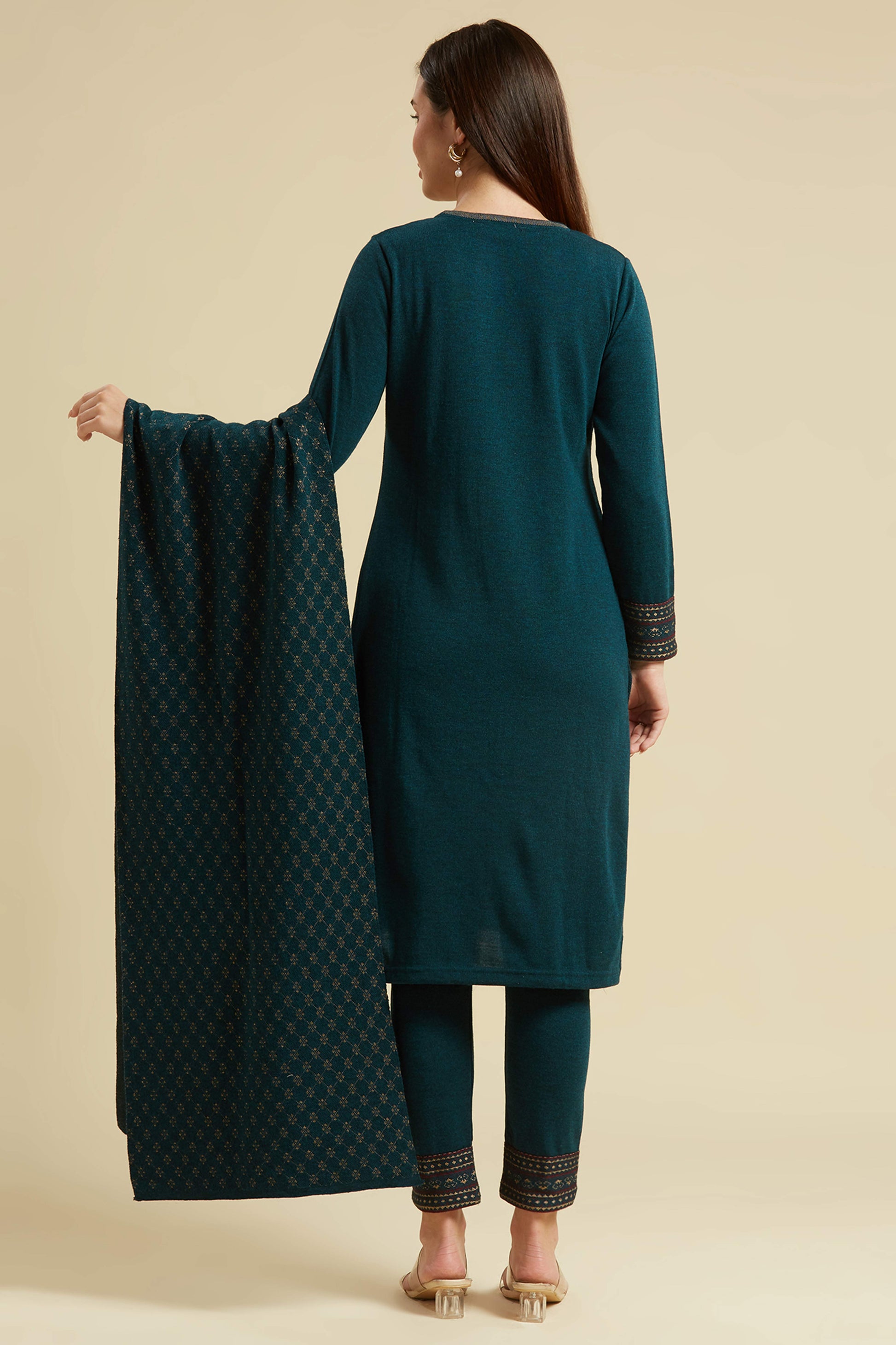 Dark Teal Floral Woolen Salwar Suit