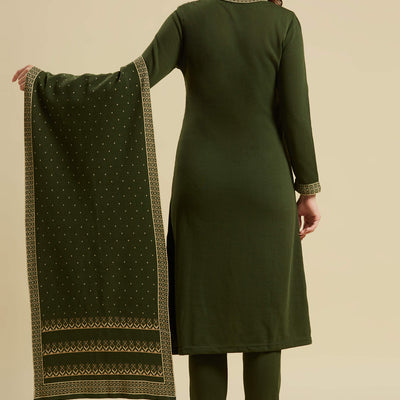 Mehandi Green Floral Woolen Salwar Suit