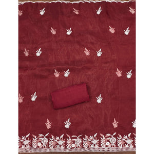 Maroon Floral Embroidered Organza Dress Material