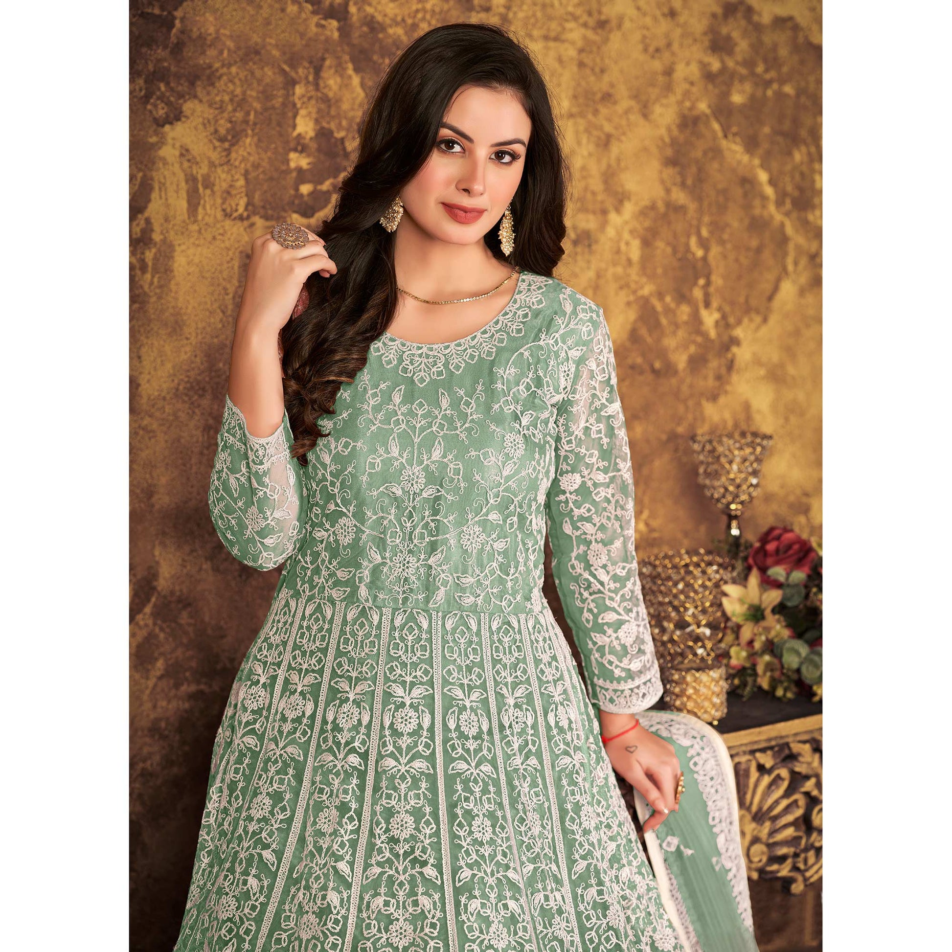 green-floral-embroidered-net-semi-stitched-dress-material