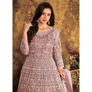 Mauve Floral Embroidered Net Semi Stitched Dress Material