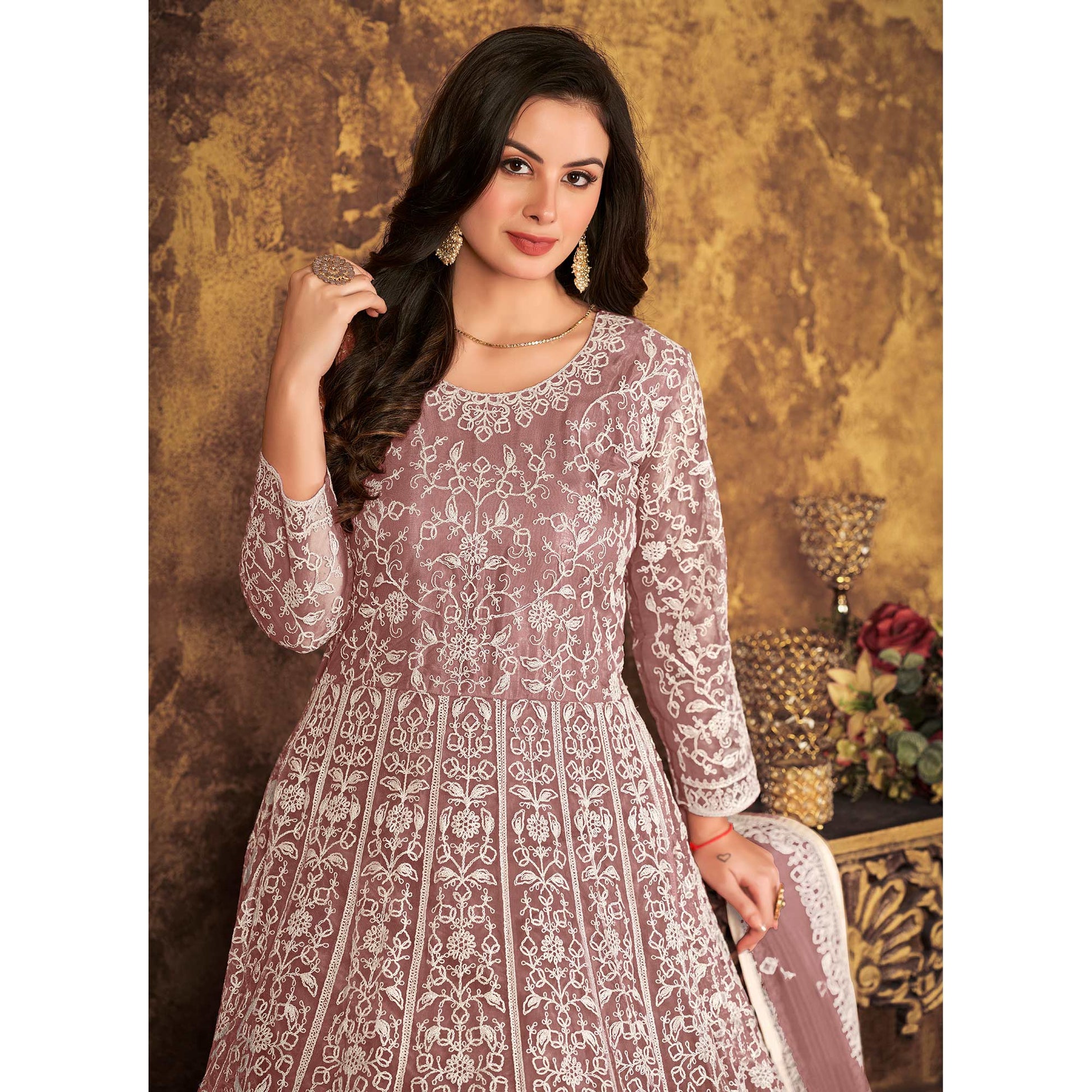 Mauve Floral Embroidered Net Semi Stitched Dress Material