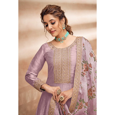 Mauve Embroidered Art Silk Semi Stitched Anarkali Suit