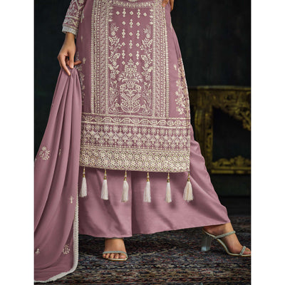 Mauve Floral Embroidered Georgette Semi Stitched Palazzo Suit