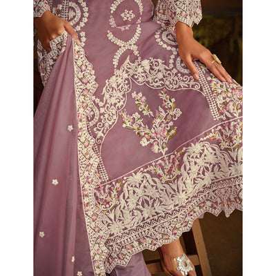 Mauve Floral Embroidered Soft Organza Semi Stithed Suit
