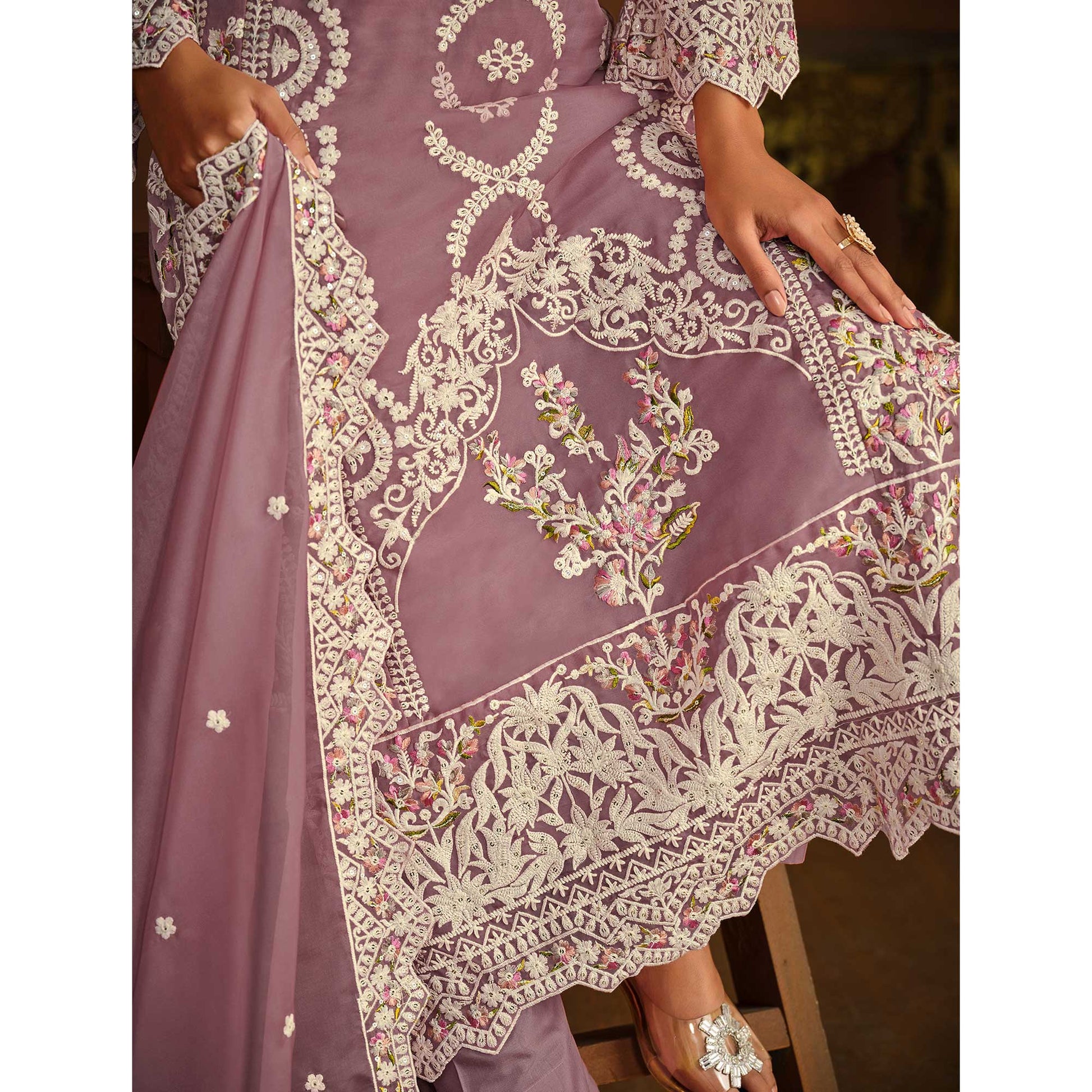 Mauve Floral Embroidered Soft Organza Semi Stithed Suit