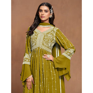 Dark Mustard Floral Embroidered Georgette Semi Stitched Alia Cut Sharara Suit