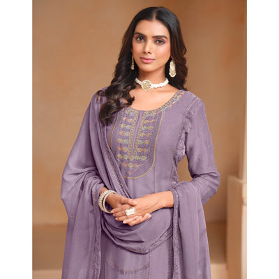 Lavender Floral Embroidered Organza Semi Stitched Salwar Suit