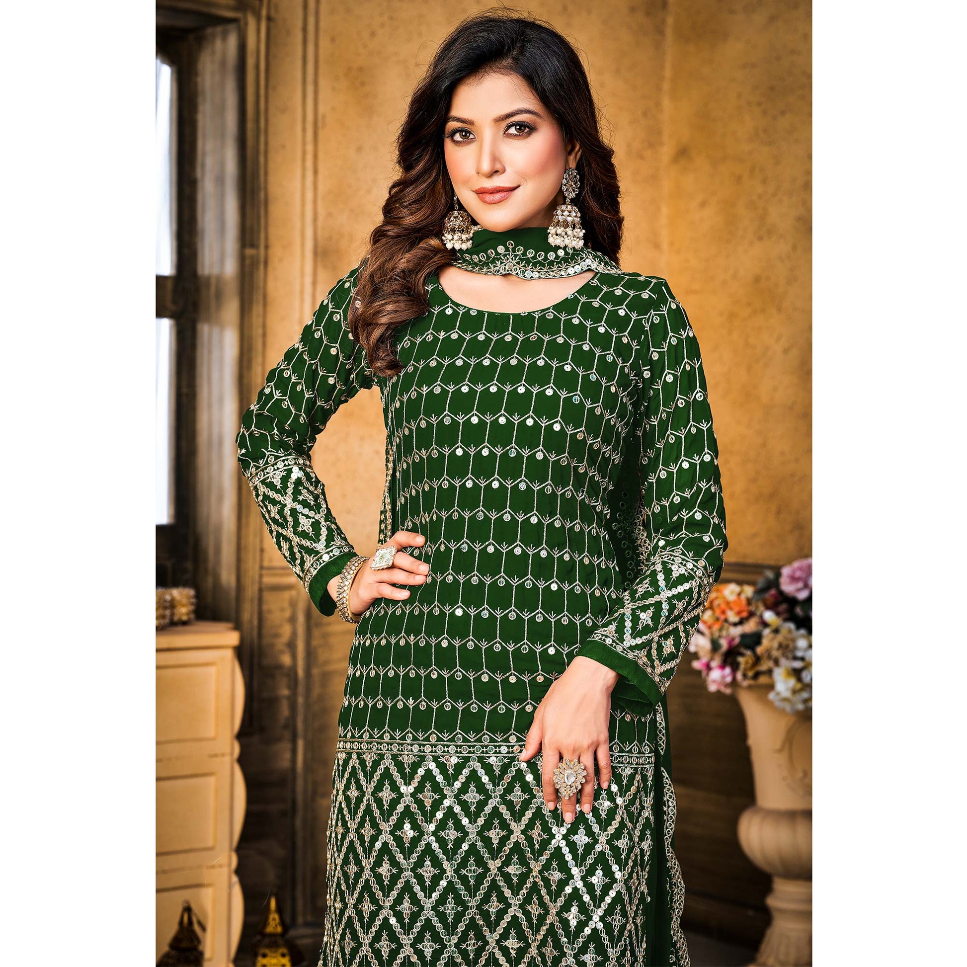 green-sequins-embroidered-georgette-semi-stitched-suit-1