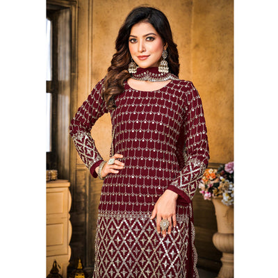 Maroon Sequins Embroidered Georgette Semi Stitched Suit
