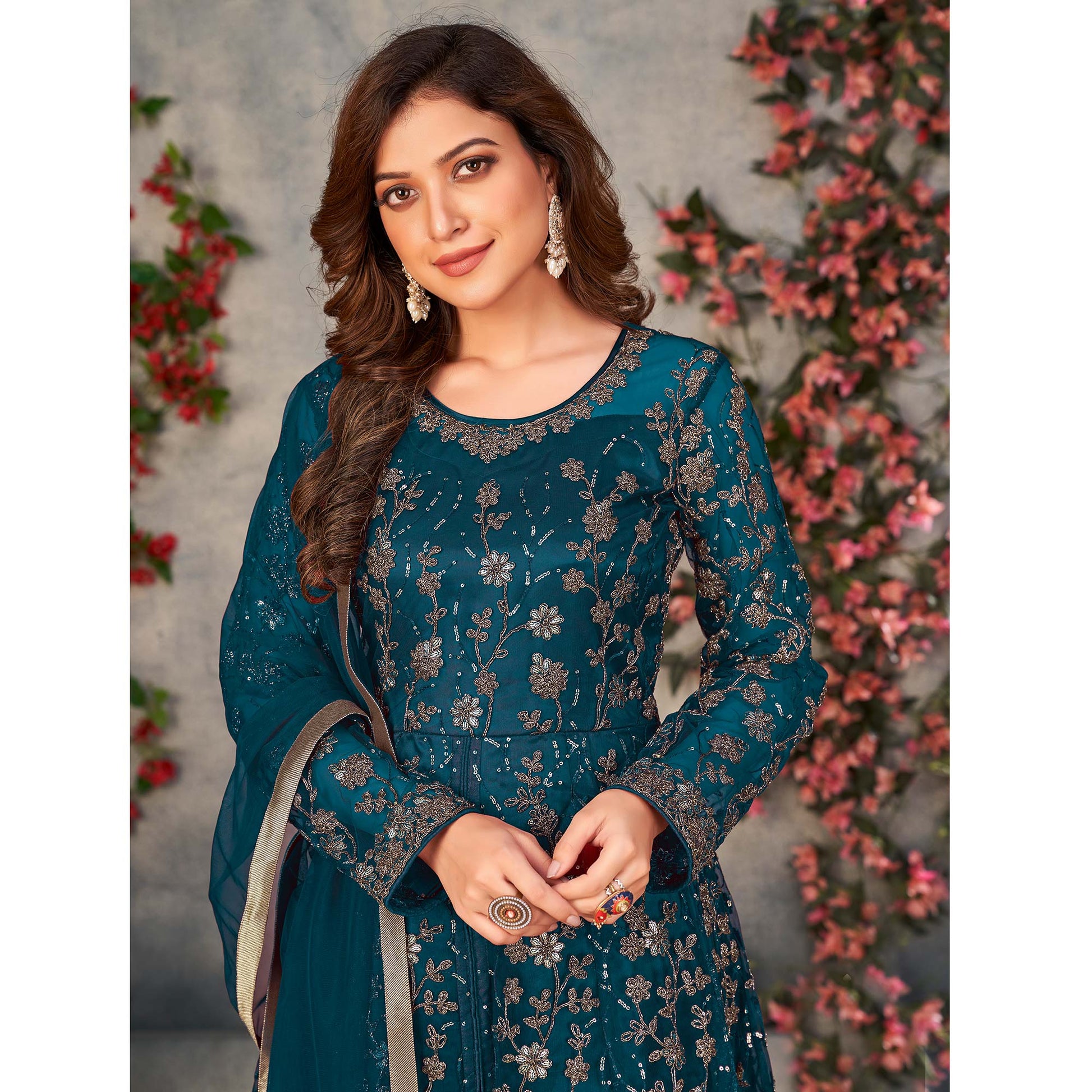 Morpich Embroidered Net Semi Stitched Anarkali Style Suit