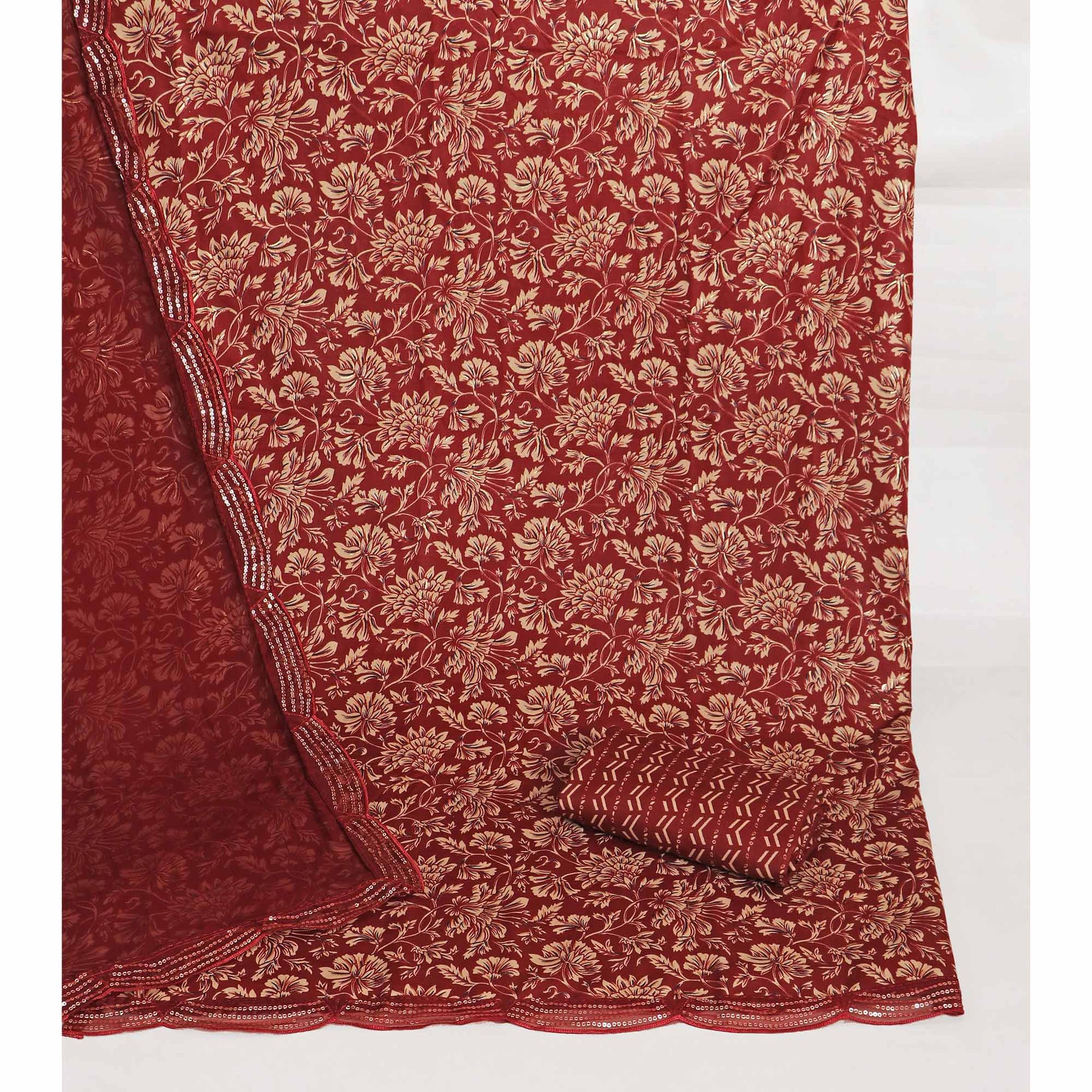 Maroon Floral Foil Printed Cotton Blend Dress Material