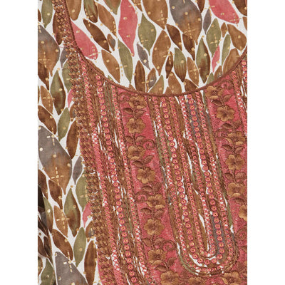 Brown Foil Printed With Embroidery Pure Cotton Dress Material