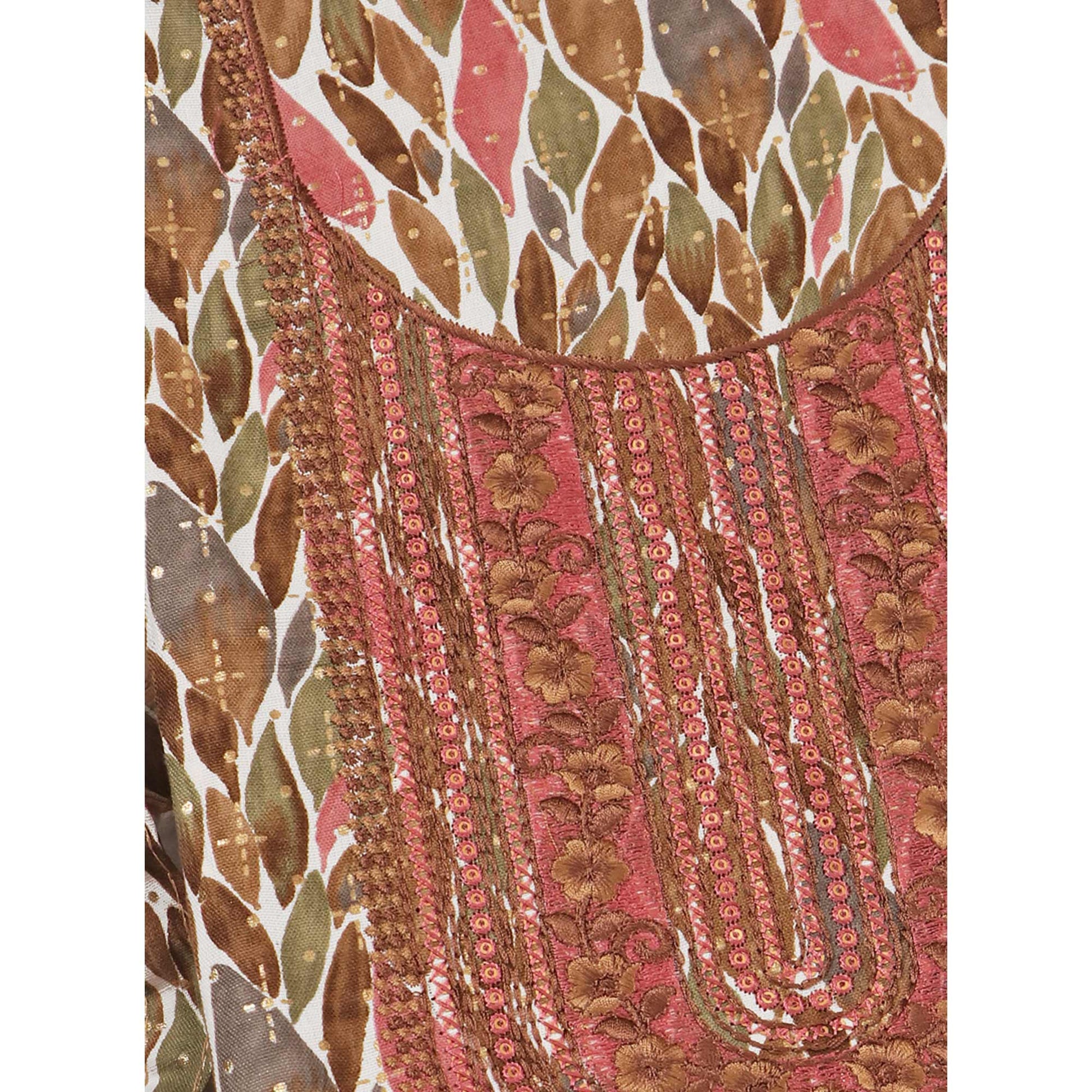 Brown Foil Printed With Embroidery Pure Cotton Dress Material