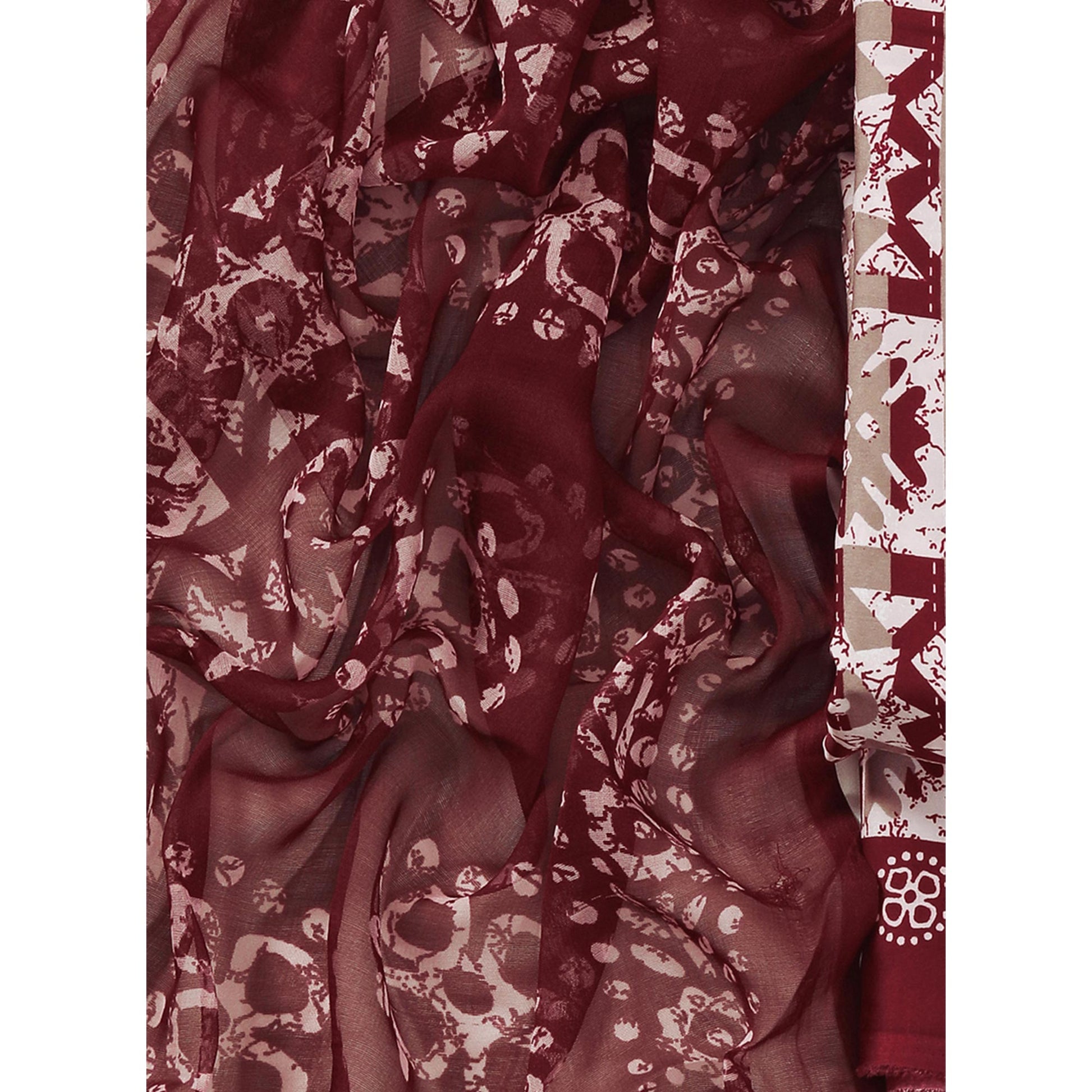 Maroon & Brown Geometric Printed Crepe Dress Material