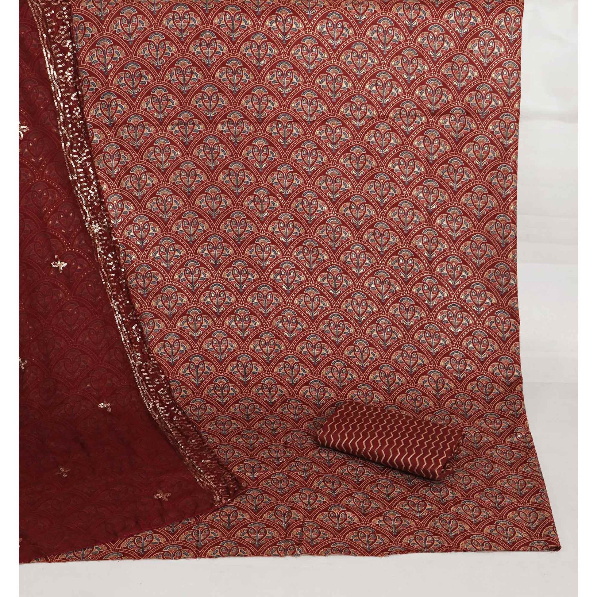 Maroon Floral Foil Printed Cotton Blend Dress Material