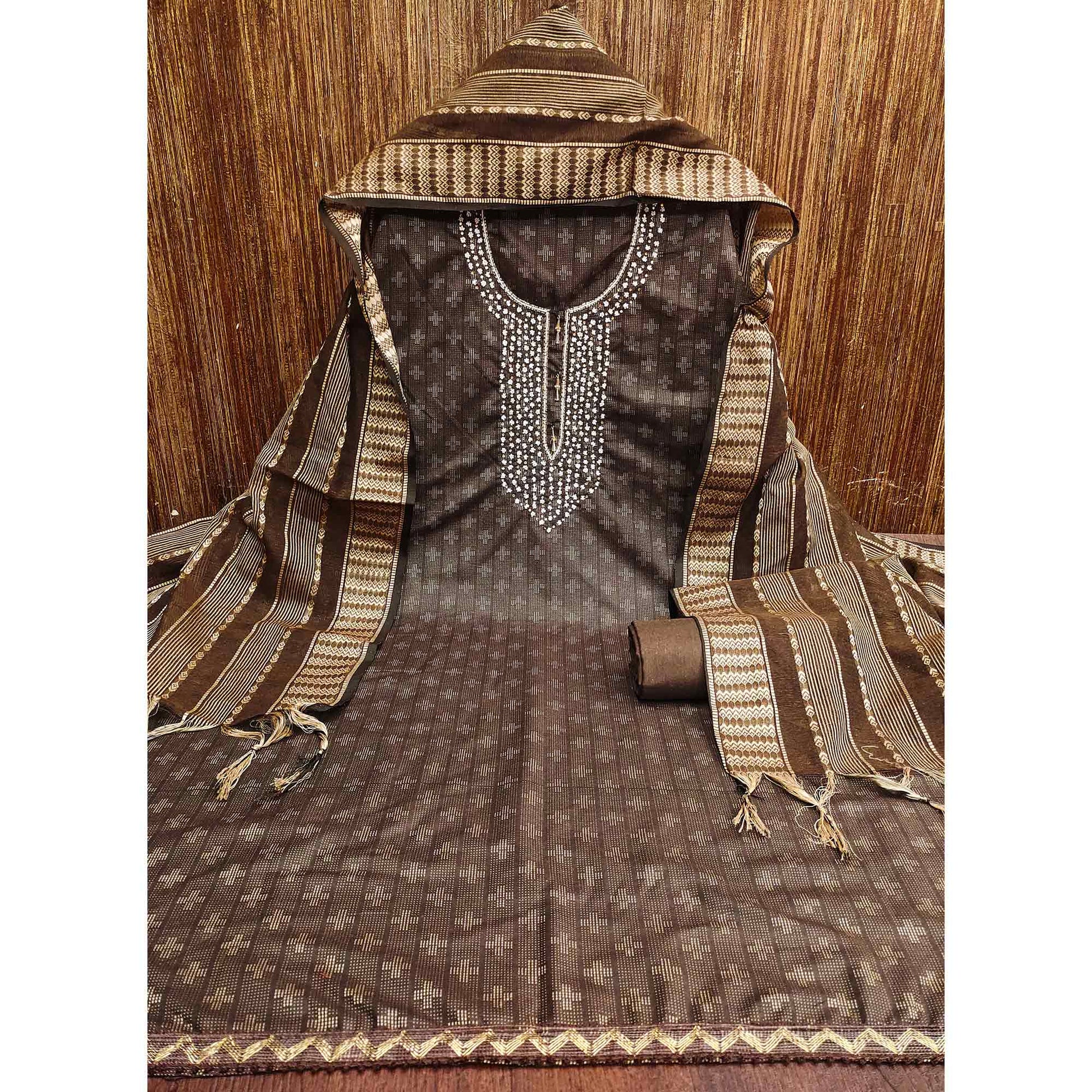 Brown Woven With Handwork Cotton Blend Dress Material