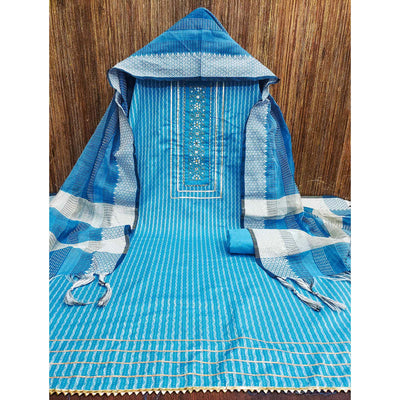 Blue Woven With Handwork Cotton Blend Dress Material