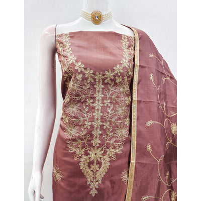 Dusty Rose Pink Floral Embroidered Art Silk Dress Material