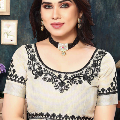 Cream Embroidered Linen Cotton Saree With Zari Border