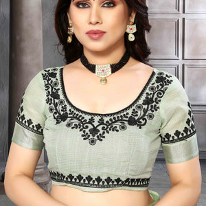 Light Green Embroidered Linen Cotton Saree With Zari Border