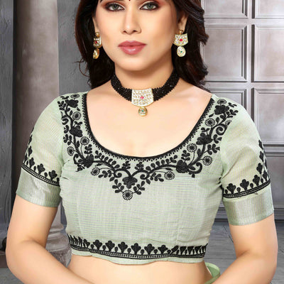 Light Green Embroidered Linen Cotton Saree With Zari Border