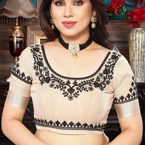 Light Orange Embroidered Linen Cotton Saree With Zari Border