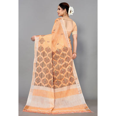 Light Orange Embroidered Cotton Silk Saree With Tassels