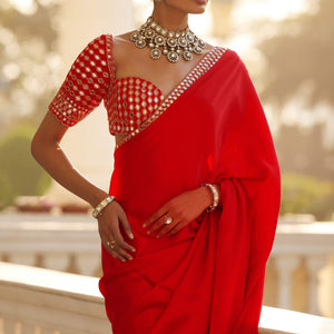 Crimson Red Mirror Embroidered Organza Saree
