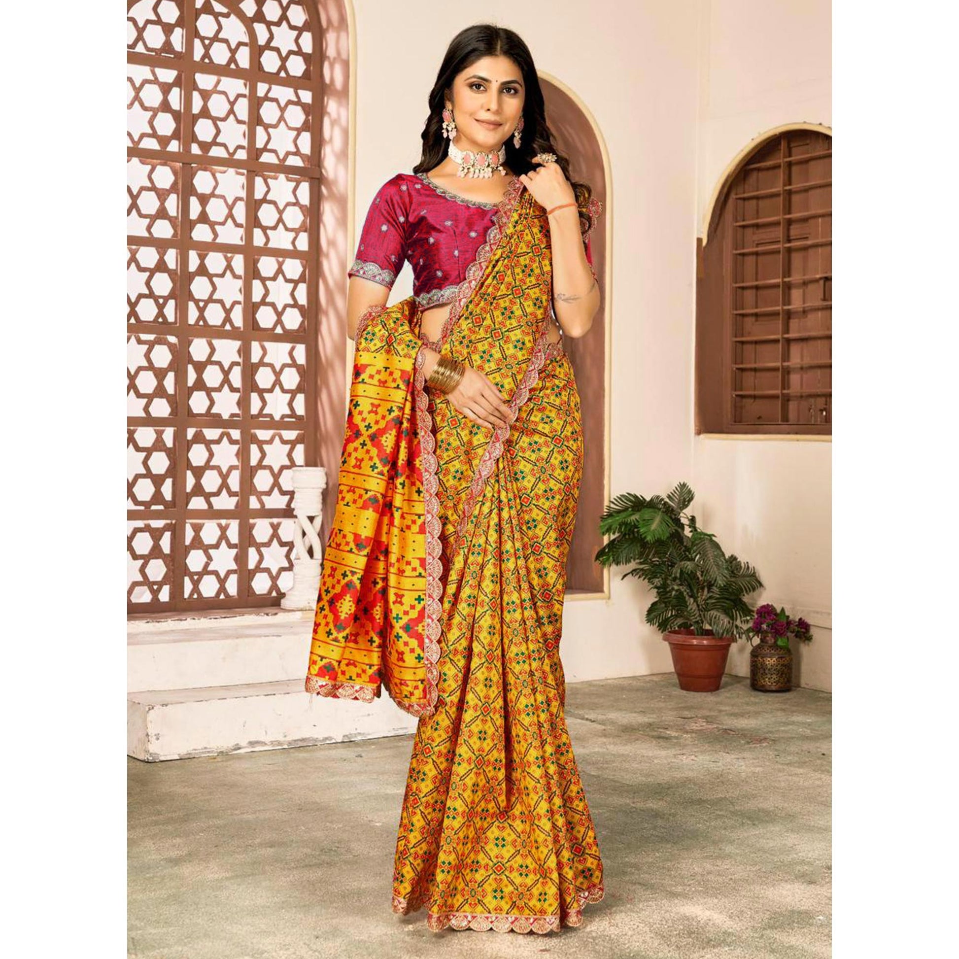 Mustard Printed Patola Tussar Silk Saree