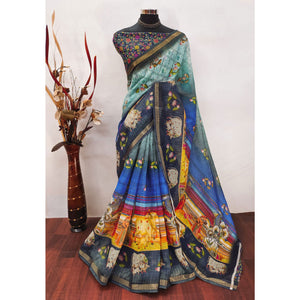 Multicolor Checks Zari Woven With Printed Linen Saree