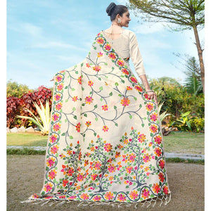 Cream Floral Woven Cotton Silk Saree With Tassels
