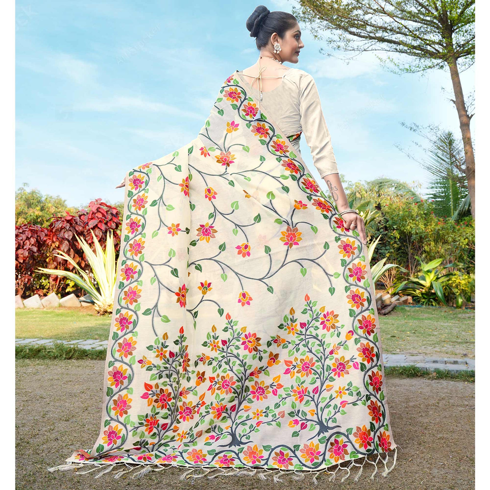 Cream Floral Woven Cotton Silk Saree With Tassels