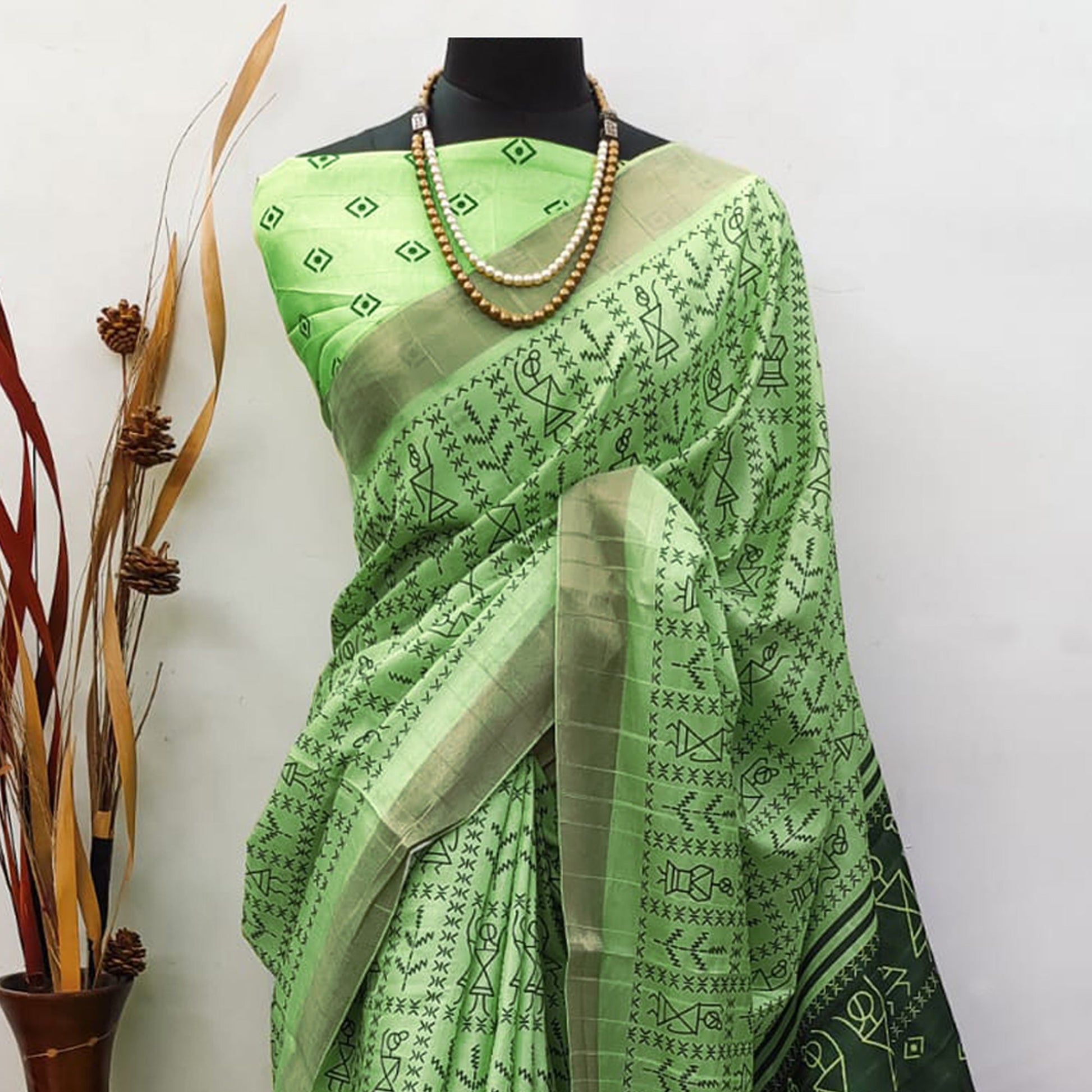 green-digital-printed-dola-silk-saree-with-jacquard-zari-board