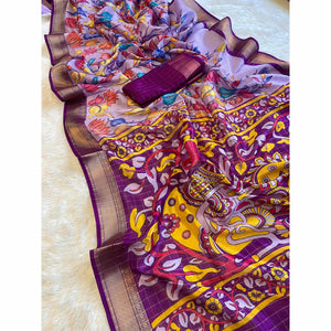 Lavender Floral Printed Dola Silk Saree With Zari Border