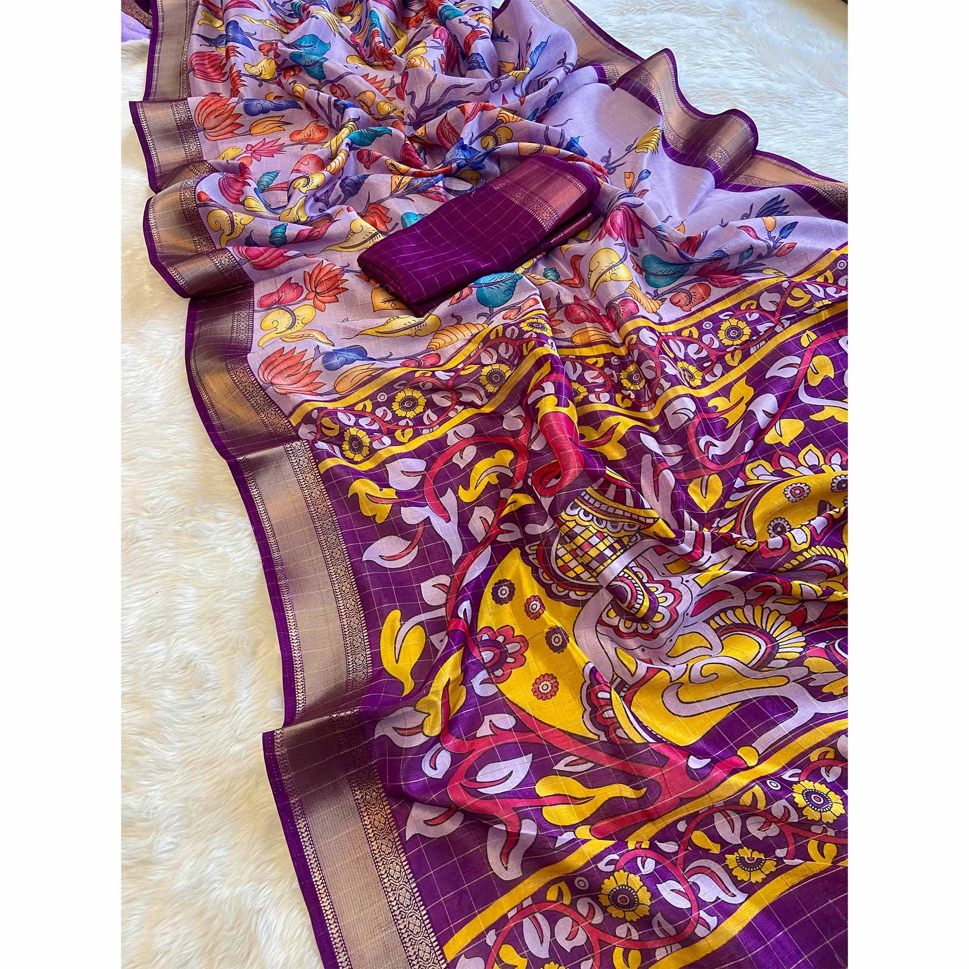 Lavender Floral Printed Dola Silk Saree With Zari Border