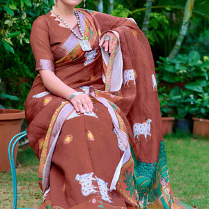 Brown Floral Printed Linen Saree