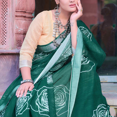 Dark Green Floral Printed Linen Saree