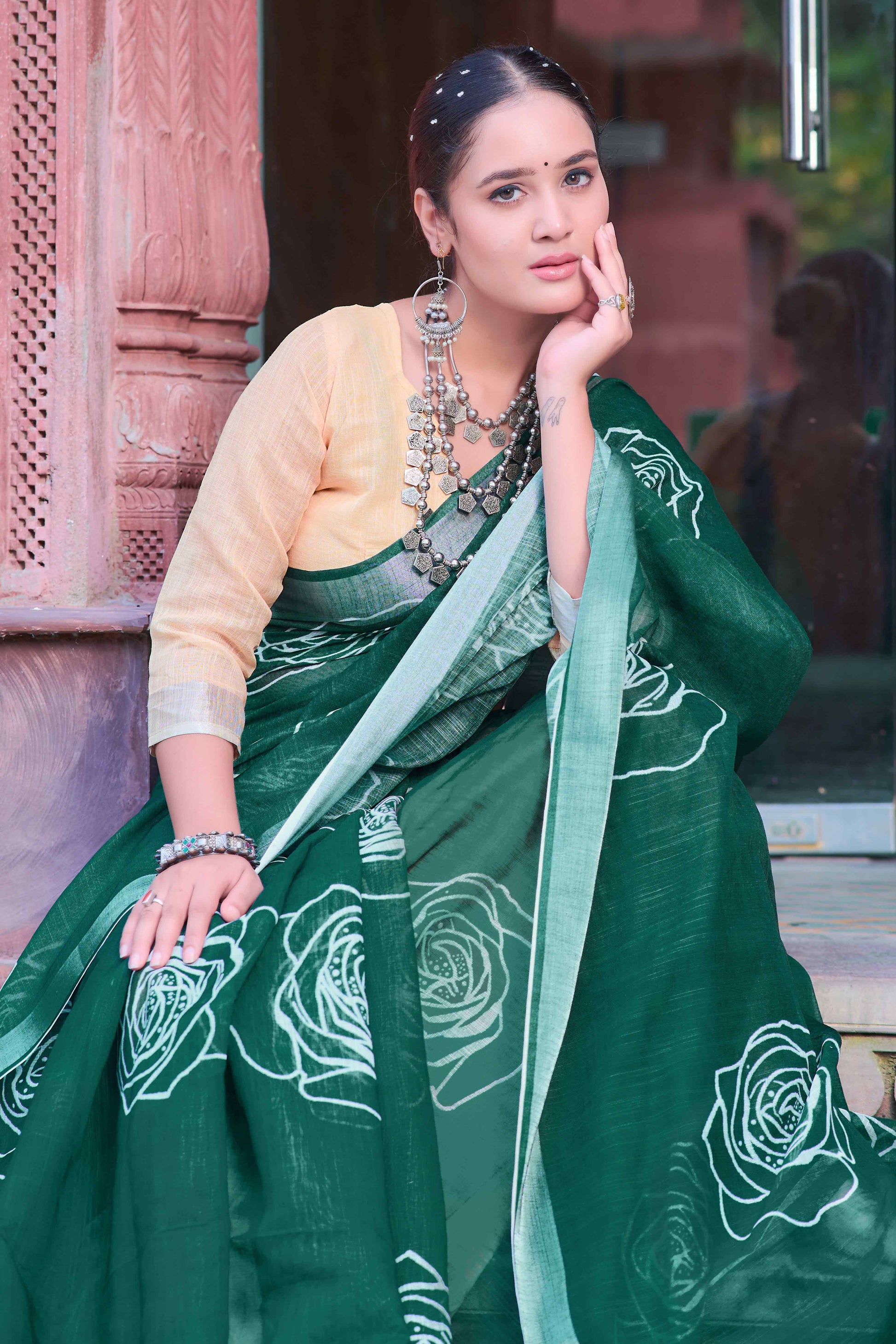 Dark Green Floral Printed Linen Saree