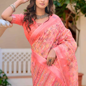 Gajri Pink Geometric Printed Linen Saree