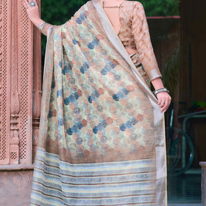 Light Brown Geometric Printed Linen Saree