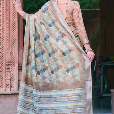 Light Brown Geometric Printed Linen Saree