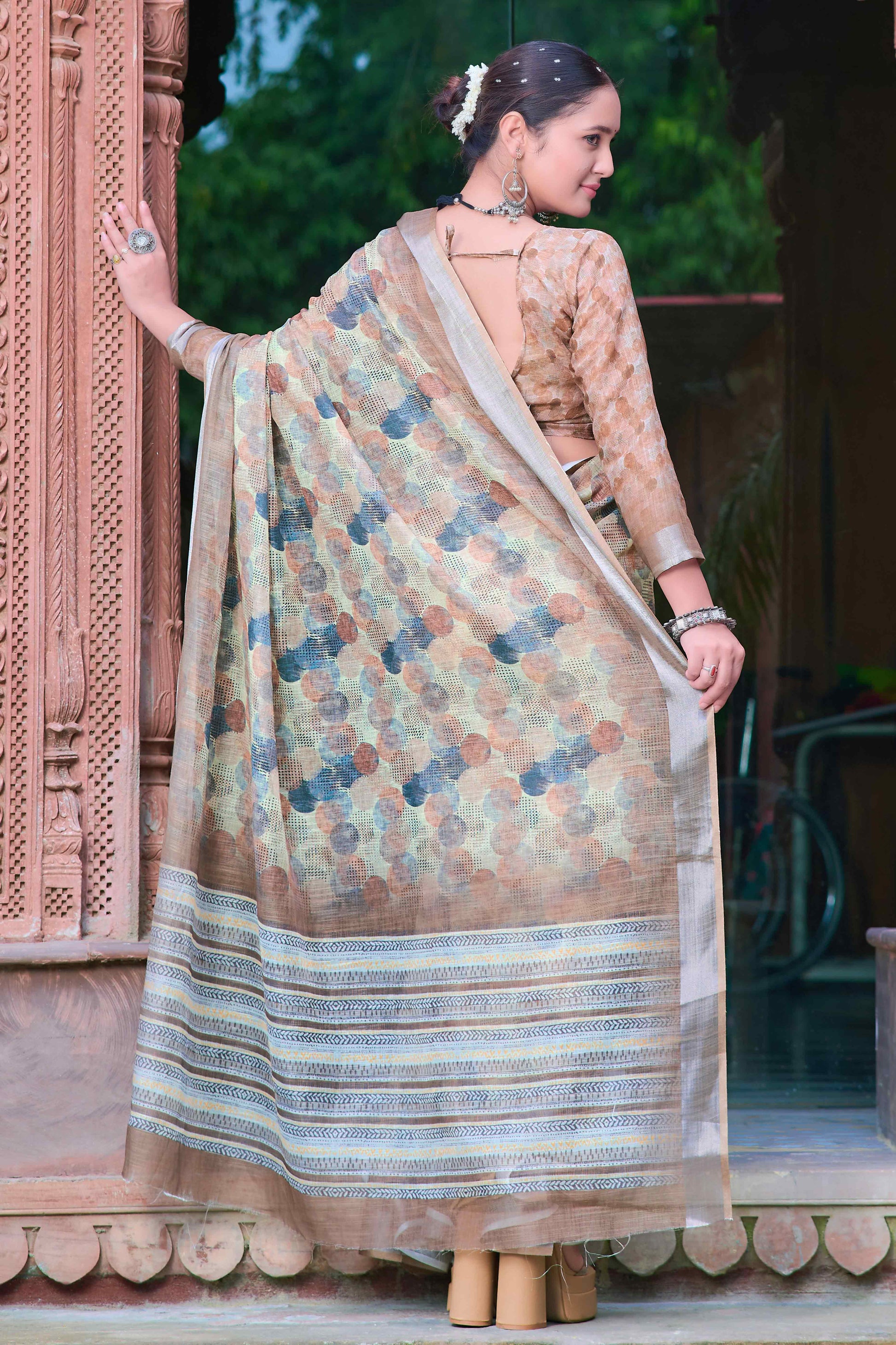 Light Brown Geometric Printed Linen Saree