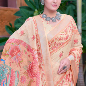 Light Peach Floral Printed Linen Saree
