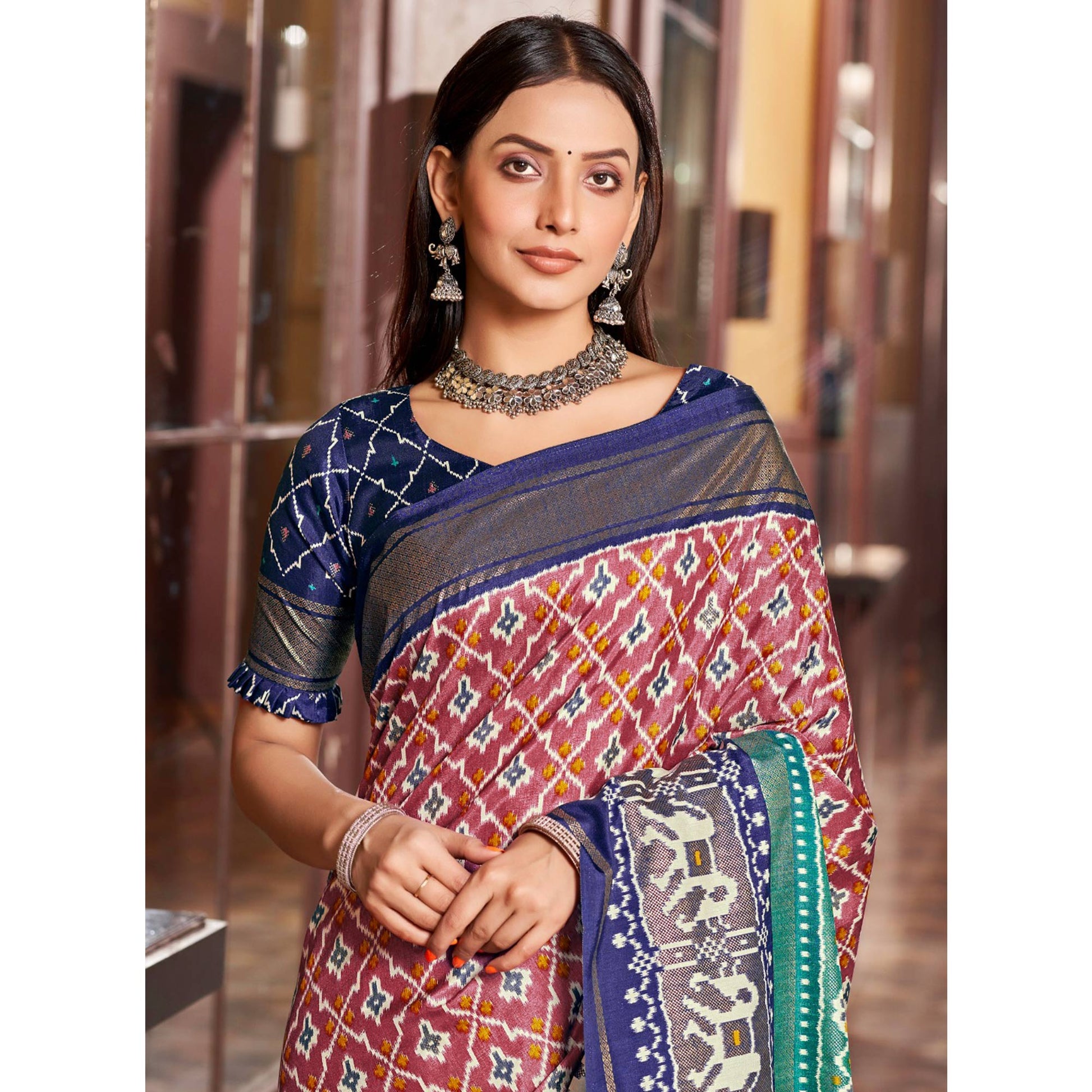 Mauve & Blue Patola Printed Dola Silk Saree