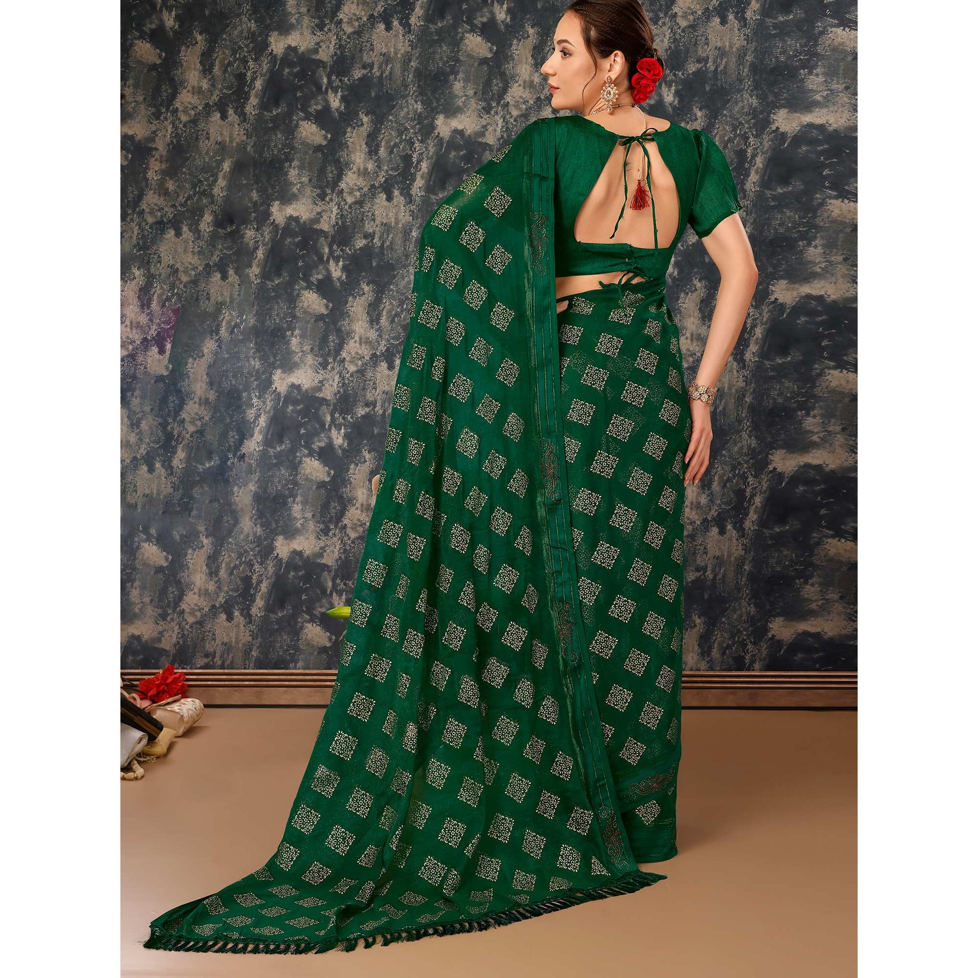 green-foil-printed-chiffon-saree-with-tassels-2